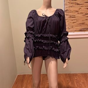 Tealf Ruffled Peasent Blouse In Dark Purple With Tie Neck Elastic Bottom Size M